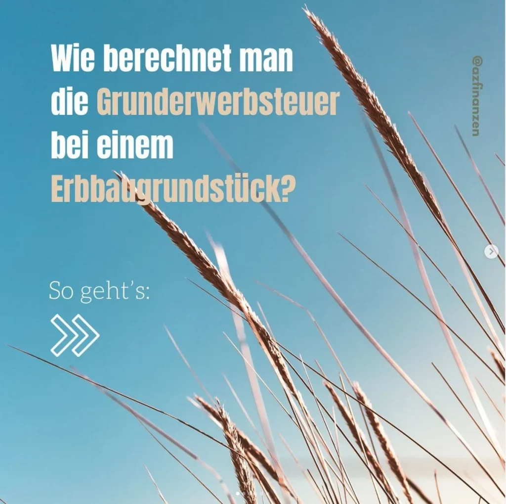 Weizenhalme vor blauem Himmel mit Text zur Grunderwerbsteuer bei Erbbaurecht