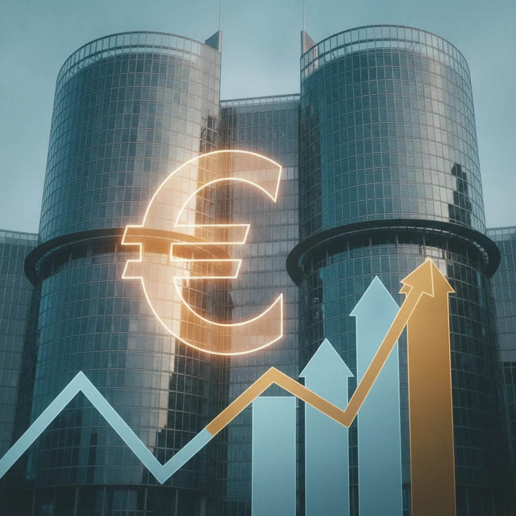 EZB-Gebäude in Frankfurt mit Euro-Symbol und Zinspfeil – Sinnbild für die Leitzinsentscheidung und ihre Folgen für Sparer und Kreditnehmer